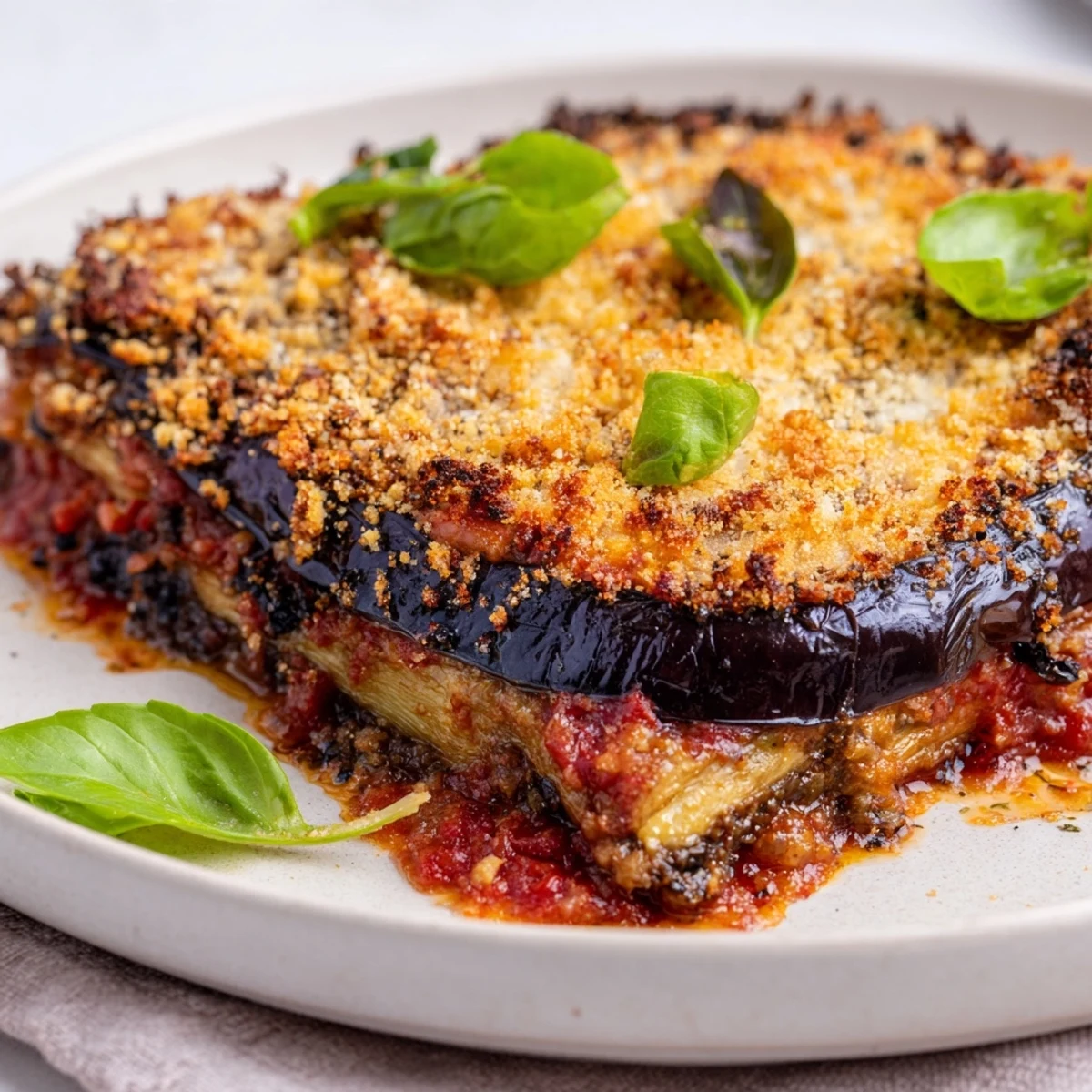 Golden baked Charred Aubergine Parmigiana with bubbling mozzarella and fresh basil garnish.