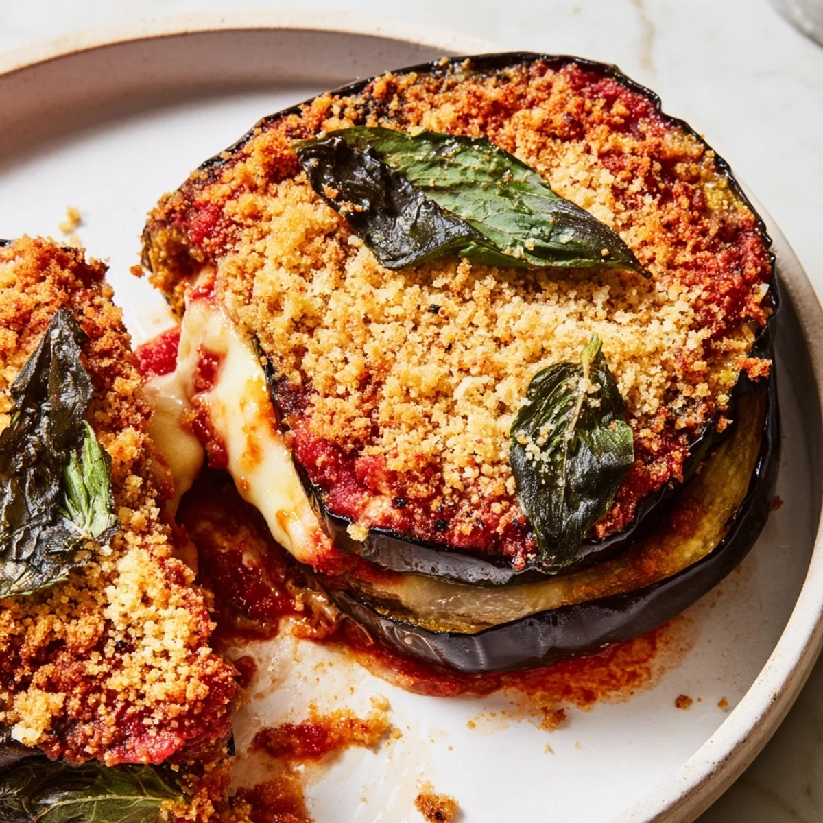 Charred Aubergine Parmigiana in a white dish, layers of eggplant and rich tomato.