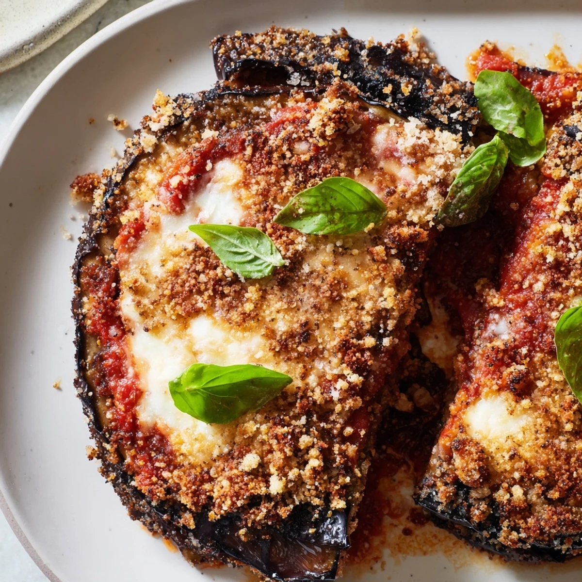 Serving of Charred Aubergine Parmigiana with crusty bread and green salad.