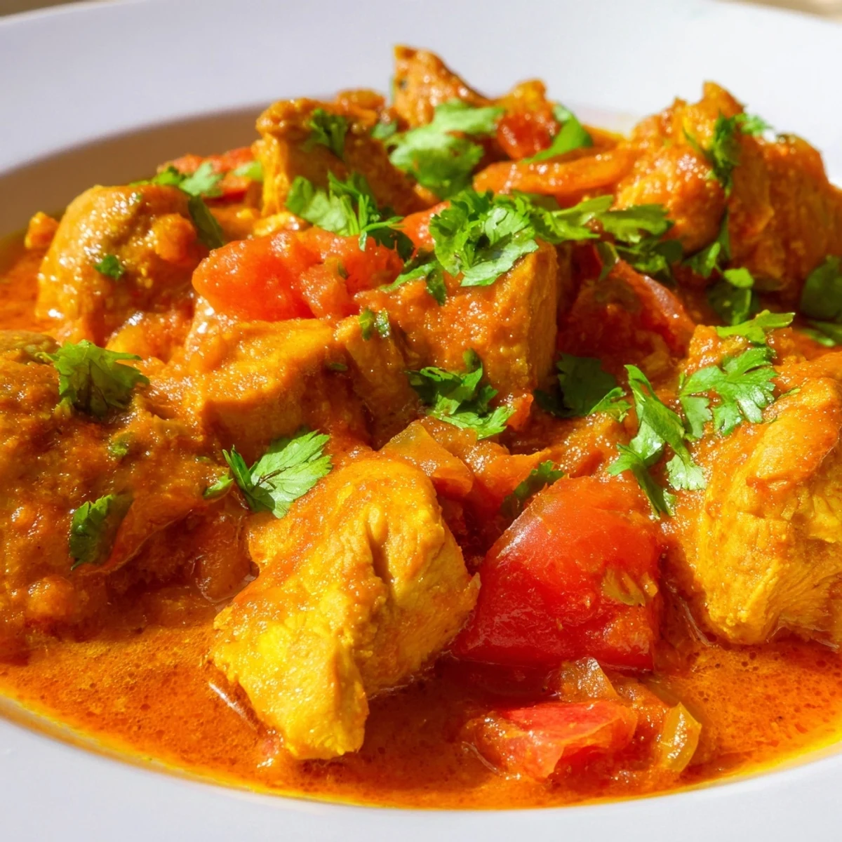 Golden-brown chicken pieces simmer in a vibrant, aromatic Spiced Chicken Curry with Ginger, Garlic & Jalapeño sauce.