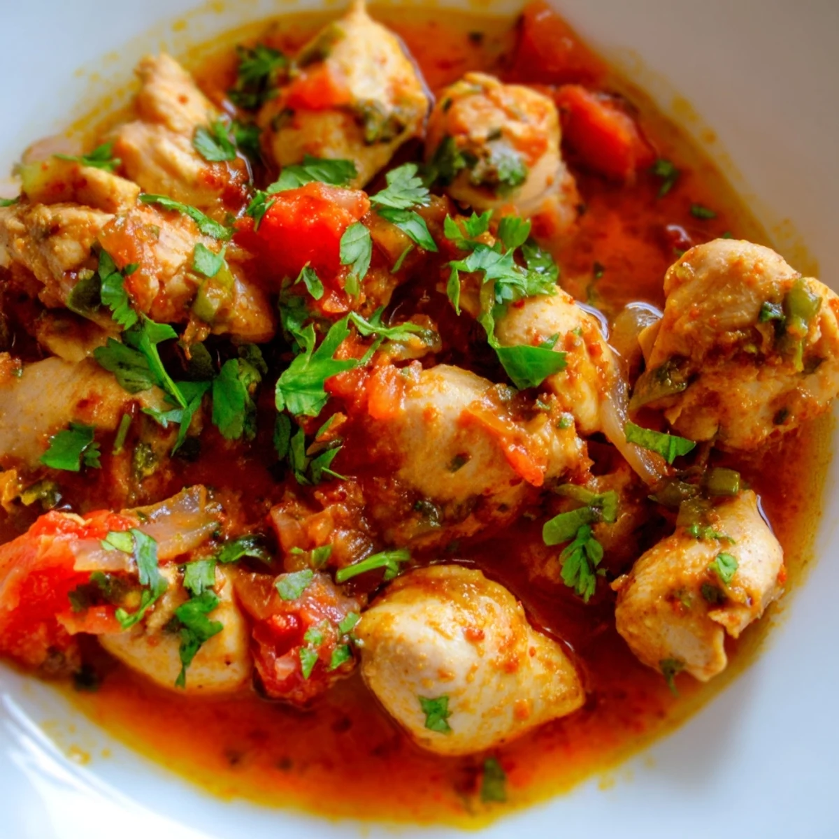 A close-up of Spiced Chicken Curry with Ginger, Garlic & Jalapeño, served over steamed rice with fresh cilantro.
