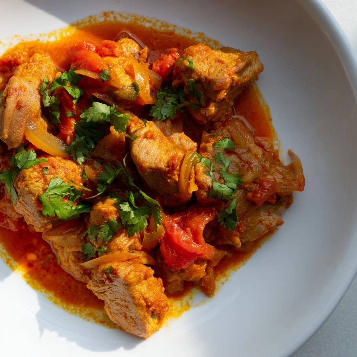 A bowl of hearty Spiced Chicken Curry with Ginger, Garlic & Jalapeño, garnished and ready to eat with naan.