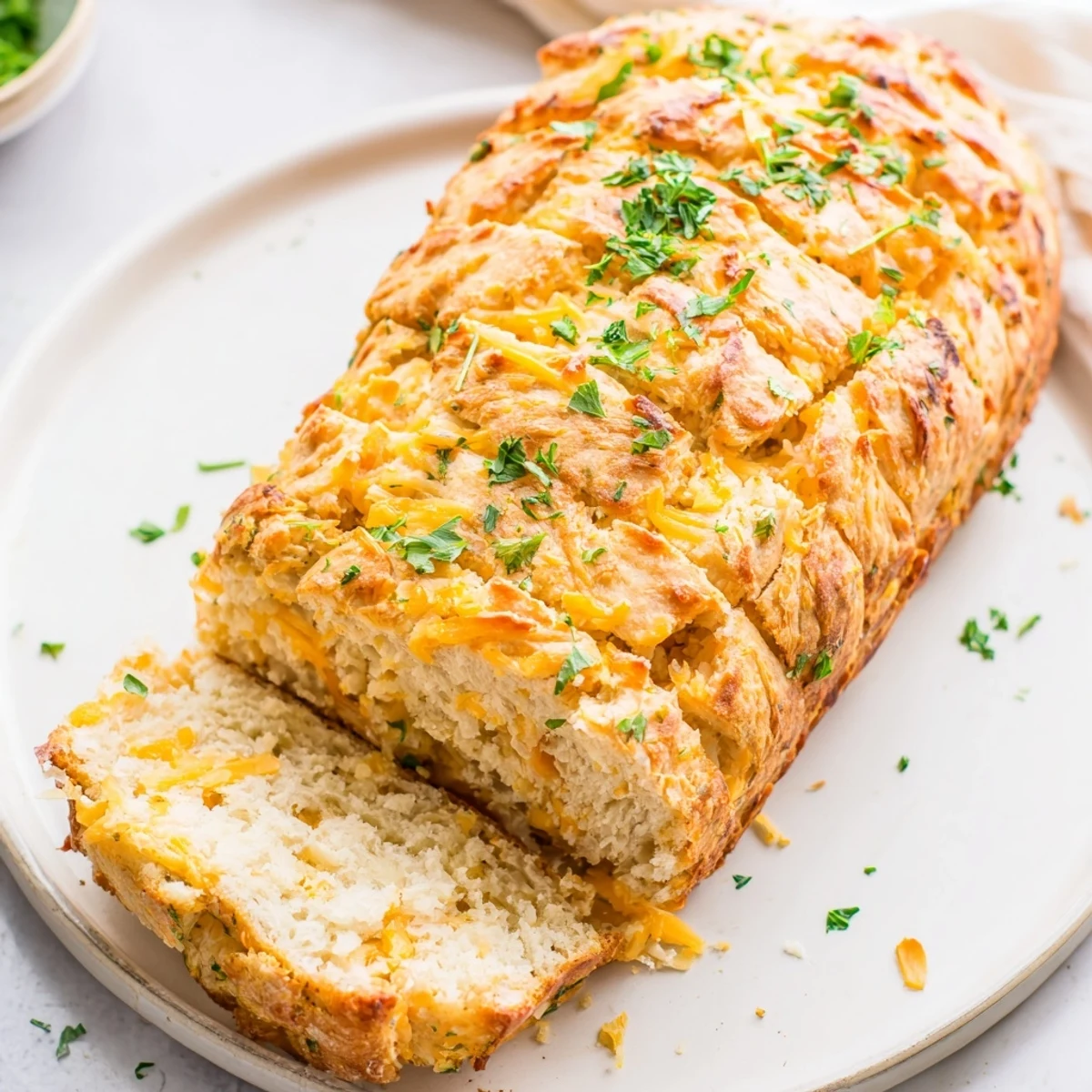 The warm Red Lobsters Cheddar Bay Biscuit Loaf is sliced to reveal melted cheddar inside.