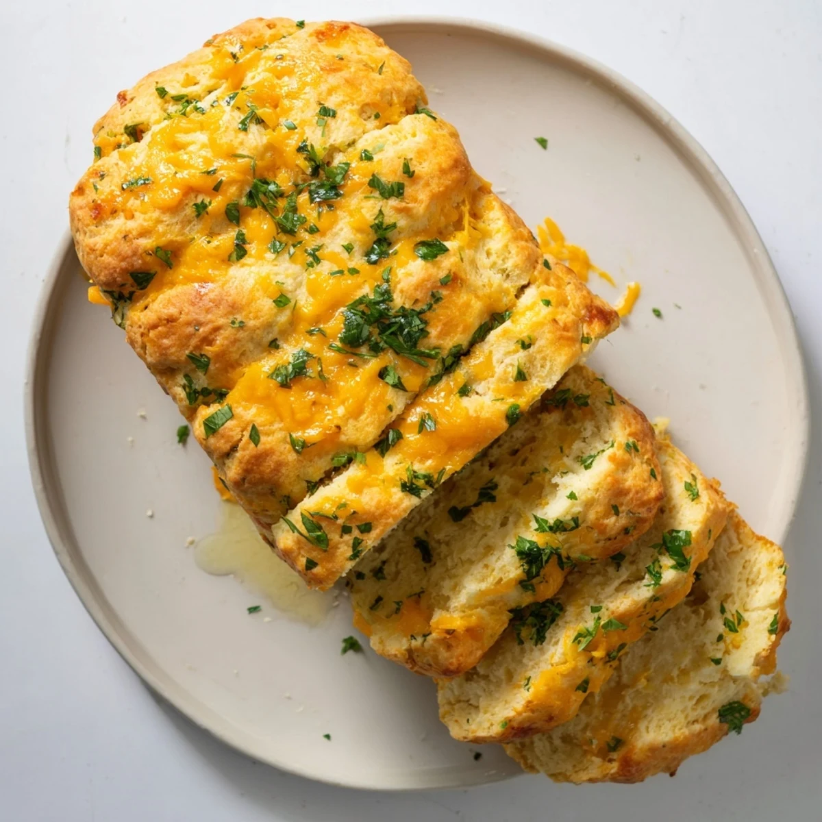 A freshly baked Red Lobsters Cheddar Bay Biscuit Loaf topped with garlic butter and herbs.