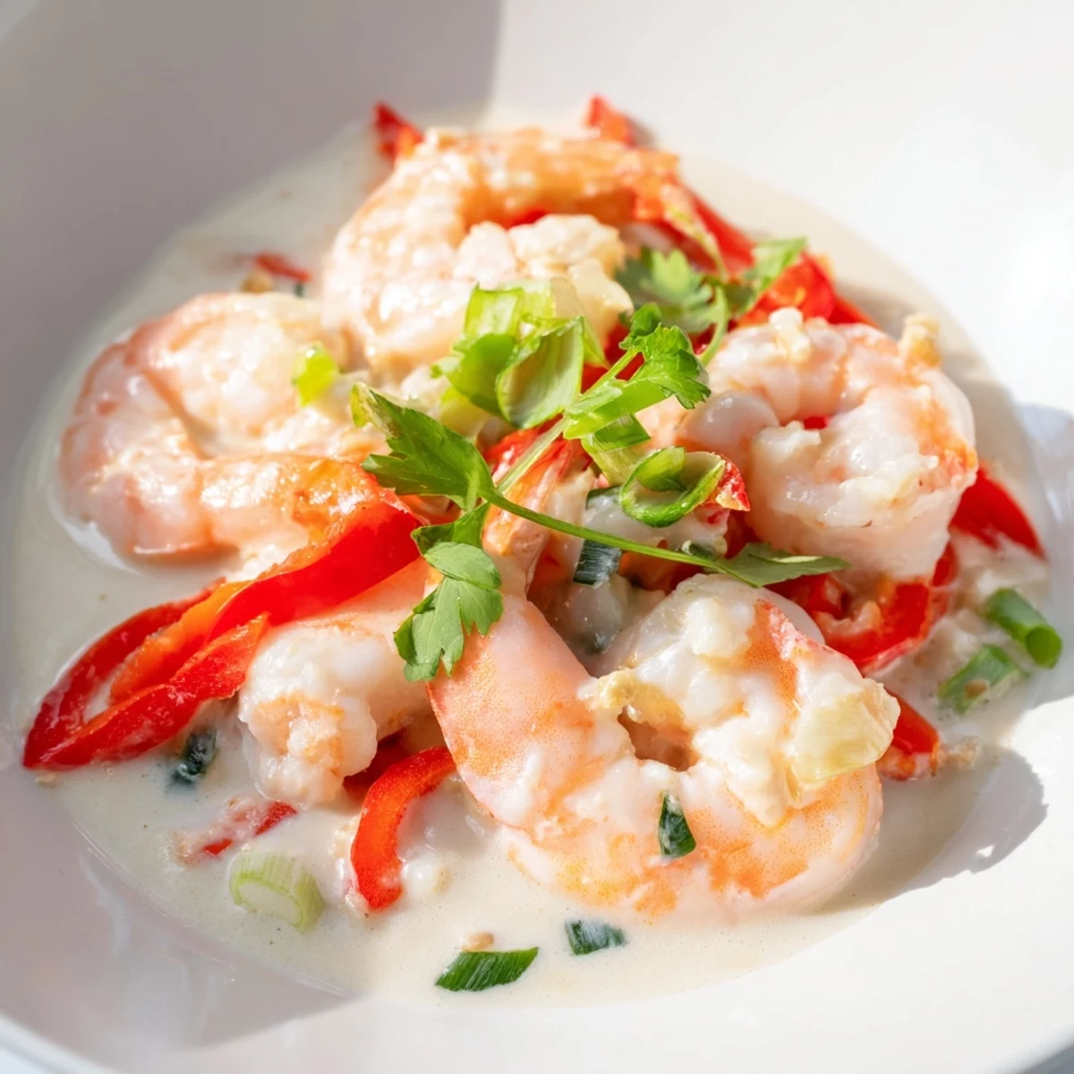 Close-up of Creamy Coconut Shrimp Buffet Style on jasmine rice with a drizzle of velvety sauce.