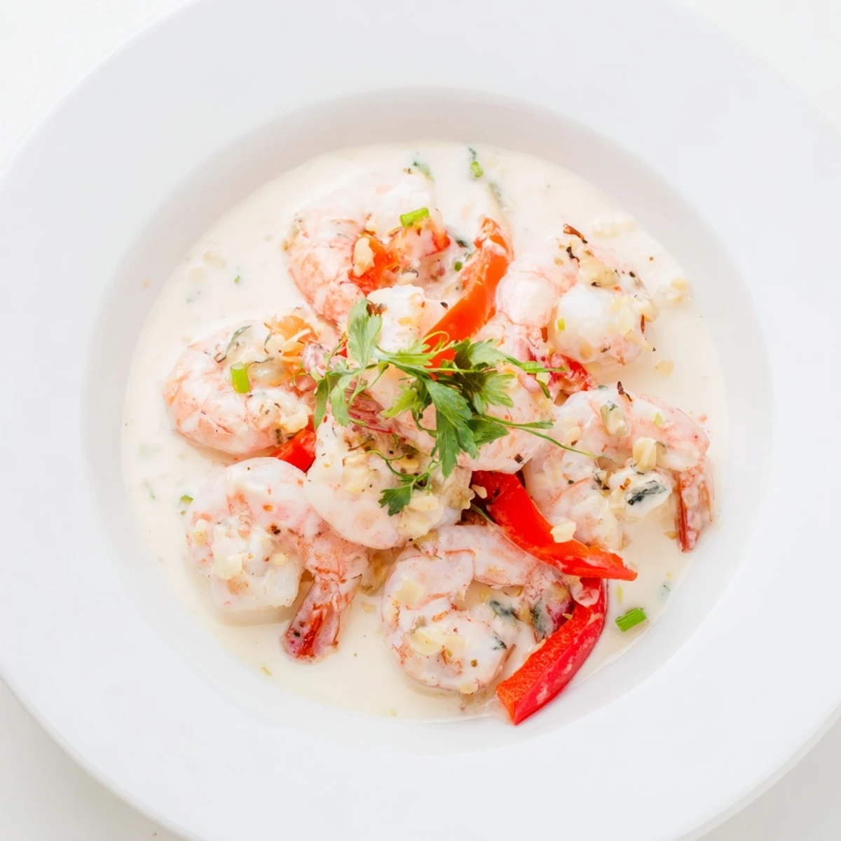 Creamy Coconut Shrimp Buffet Style served in a chafing dish, garnished with cilantro and lime.