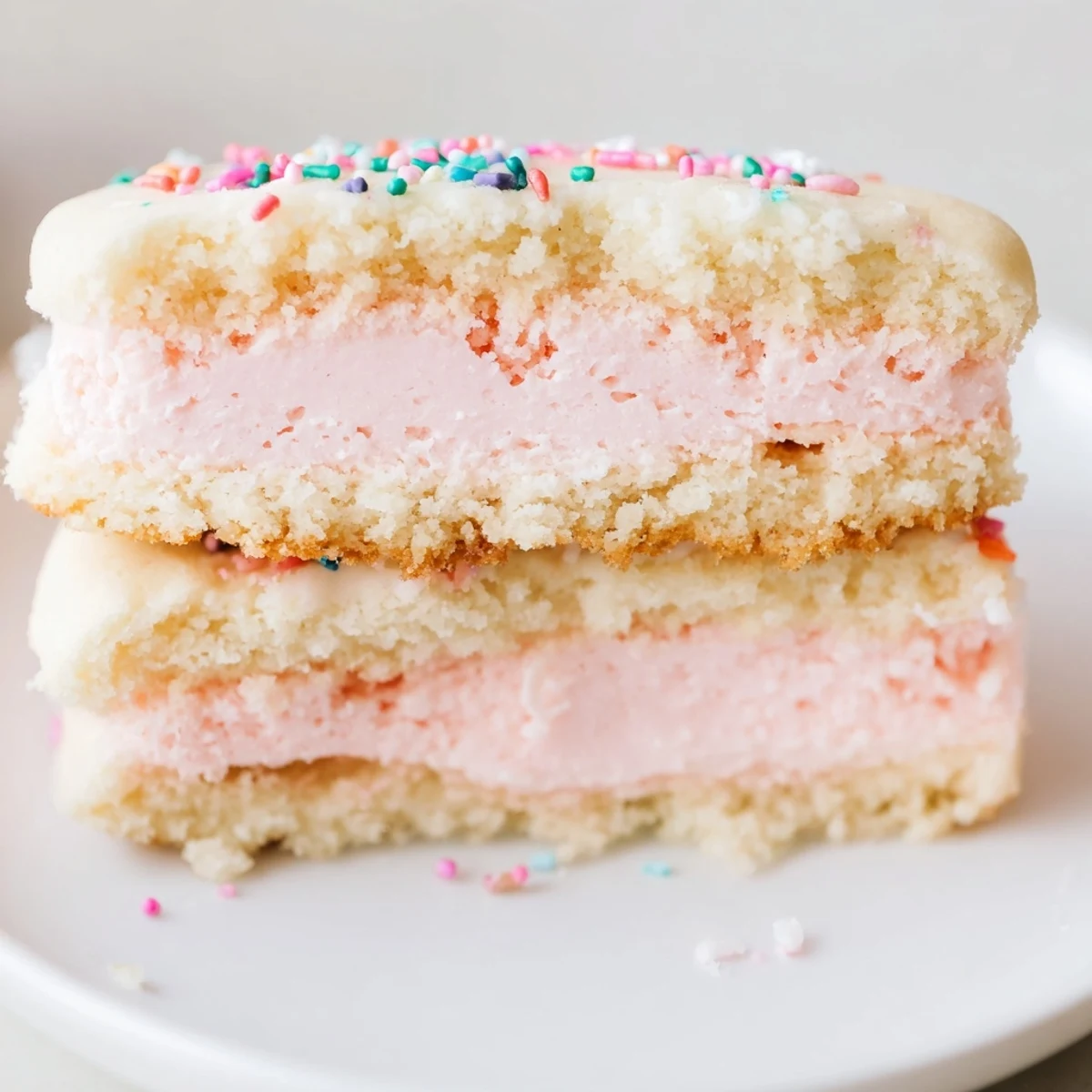 Vibrant pastel sugar cookie sandwiches with creamy vanilla buttercream filling on a marble slab.  