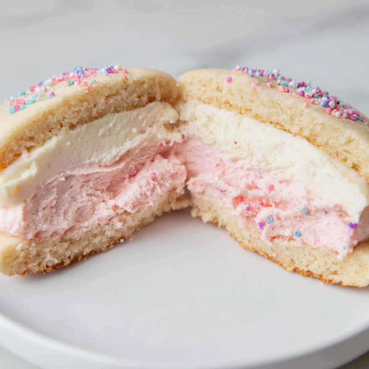 Pastel sugar cookie sandwiches stacked high, showing colorful layers perfect for an Easter treat.  