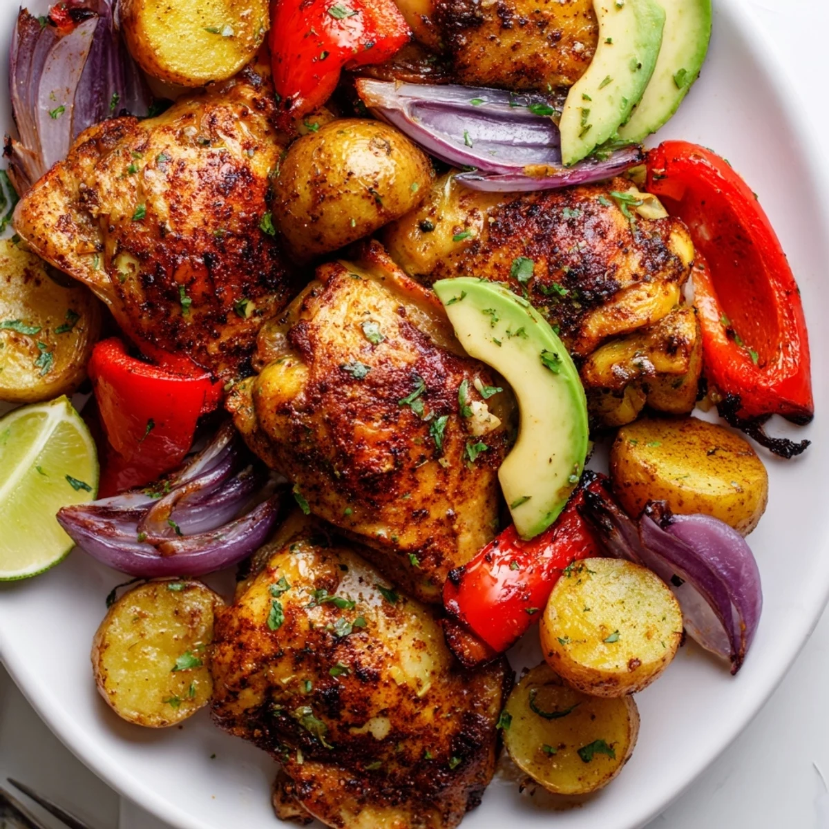 Freshly baked Chicken Avocado and Crunchy Potato Tray Bake garnished with parsley and lime wedges, ready to serve as a family dinner.
