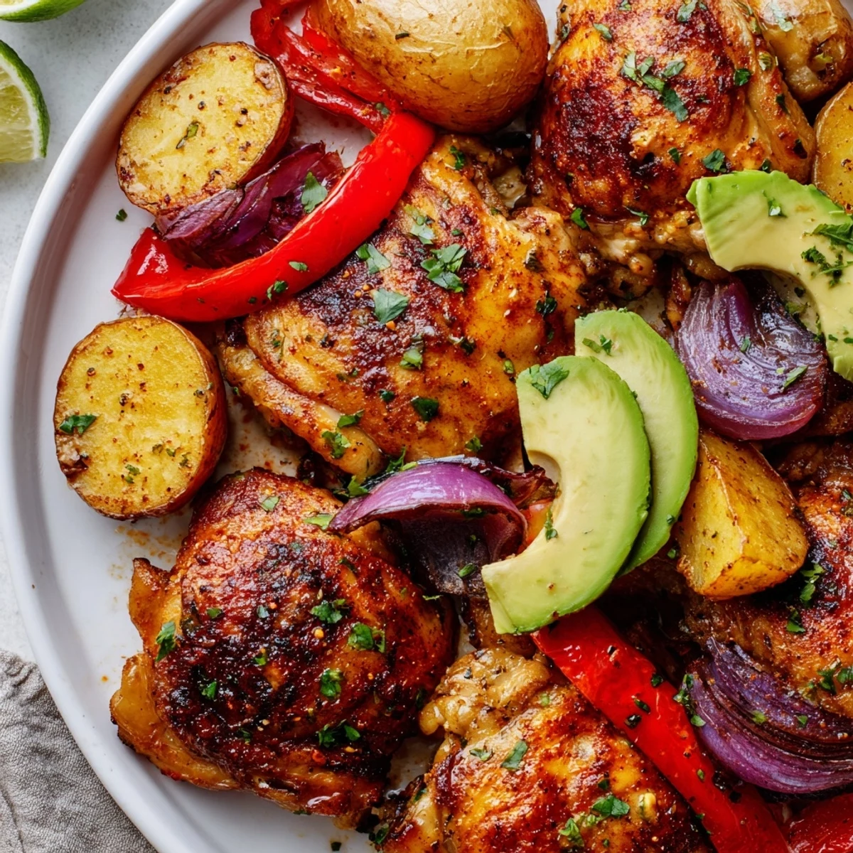 Golden roasted chicken thighs, creamy avocado slices, and crispy baby potatoes arranged on a tray bake with red onion and bell pepper.