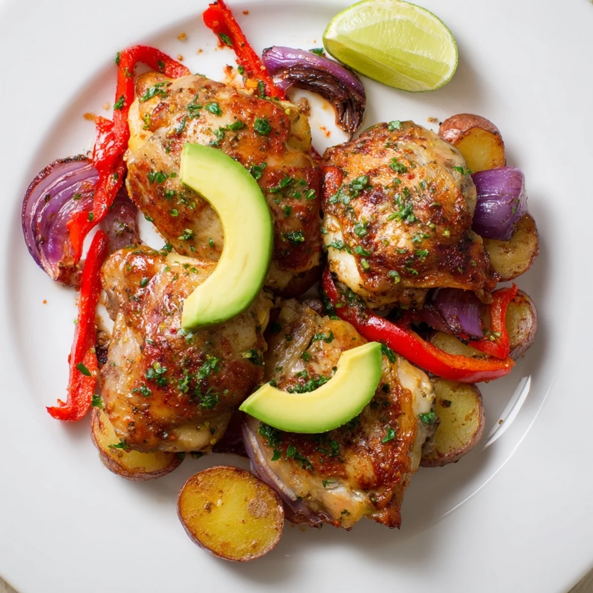 One-pan Chicken Avocado and Crunchy Potato Tray Bake with tender chicken, sliced avocado, and golden potatoes roasted on a baking sheet.