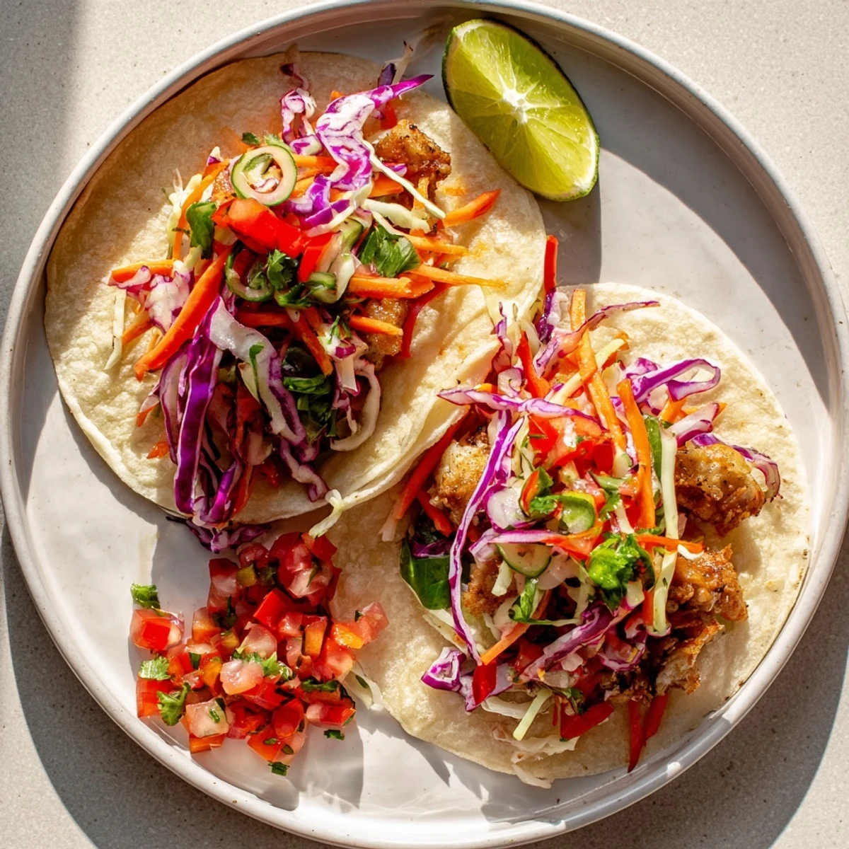 Flaky seasoned barramundi pieces nestled in soft tortillas topped with rainbow slaw and fresh salsa.
