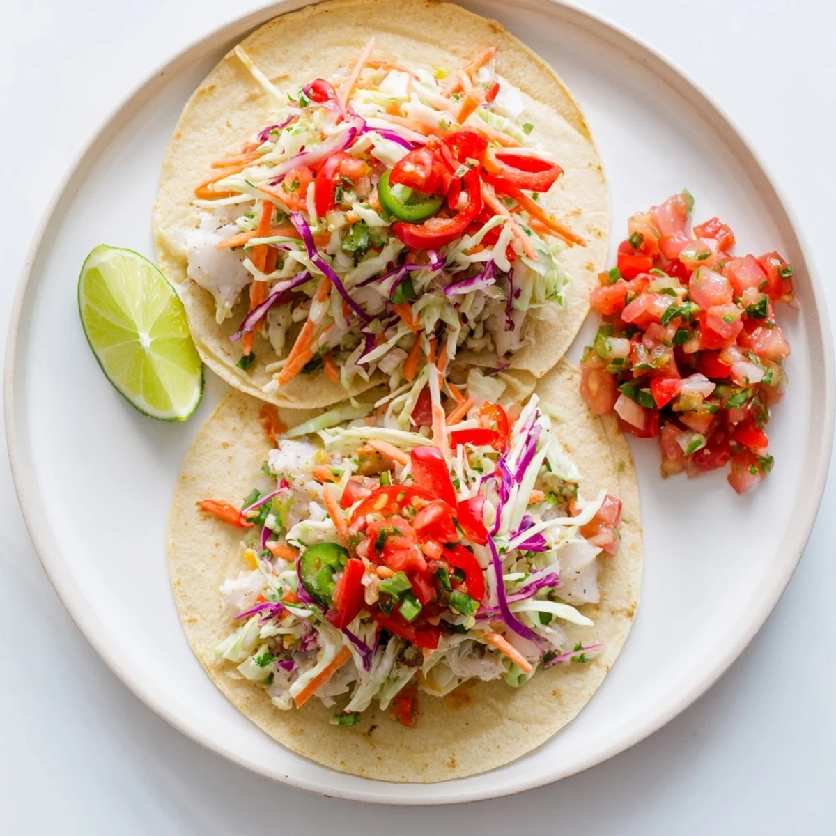 Lime-wedged barramundi tacos with rainbow slaw and zesty salsa on a serving plate.