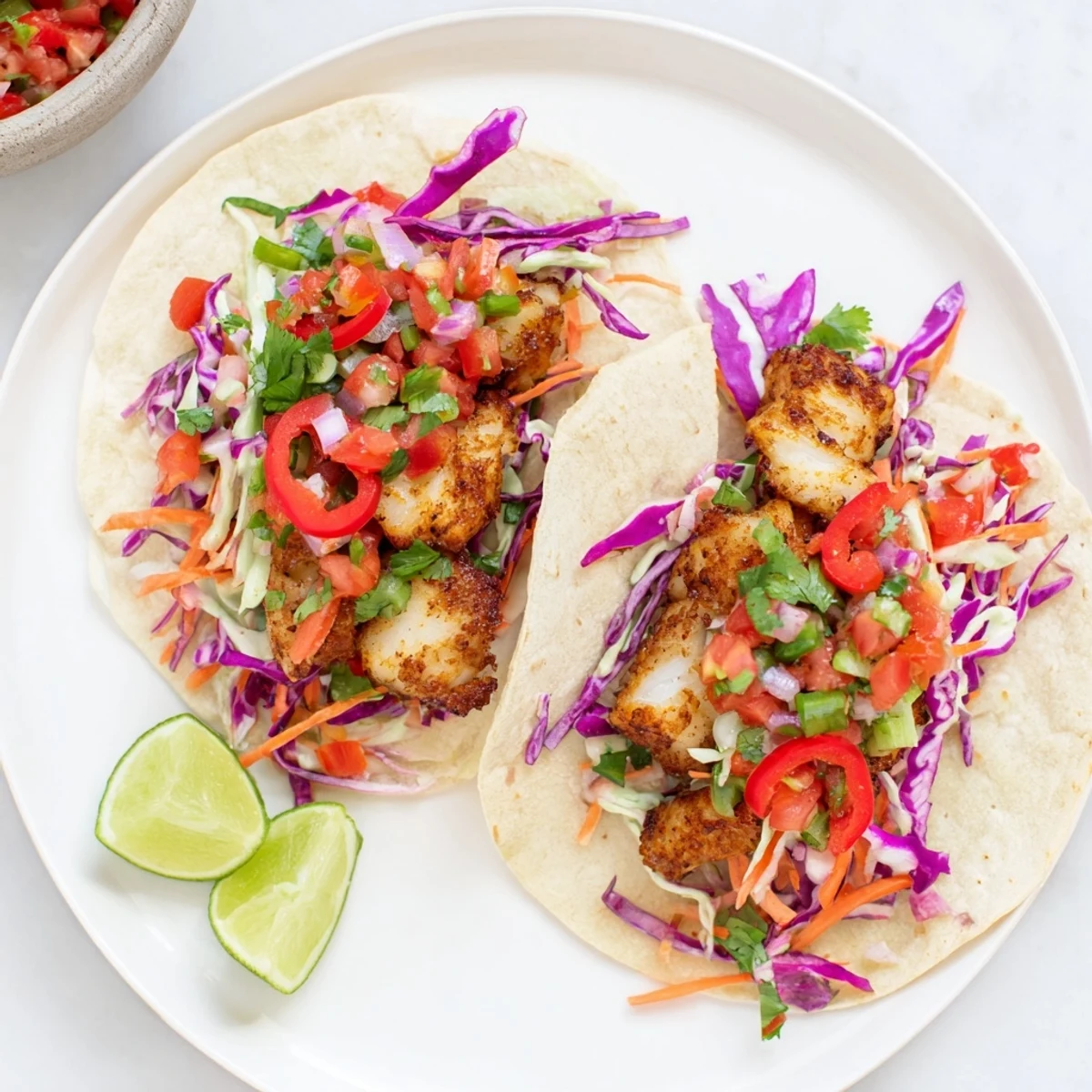 Spicy barramundi fillet tacos finished with colorful slaw and chopped cilantro for dinner.