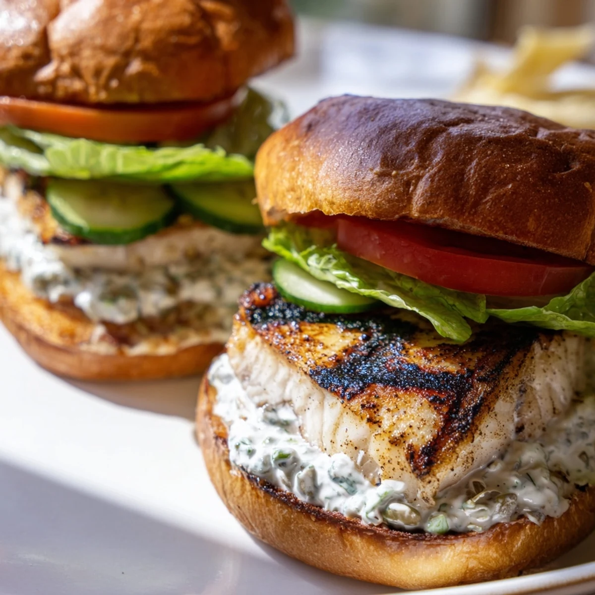 Sunlight highlights the juicy barramundi burger topped with crisp grilled cos lettuce and vibrant red tomato slices.