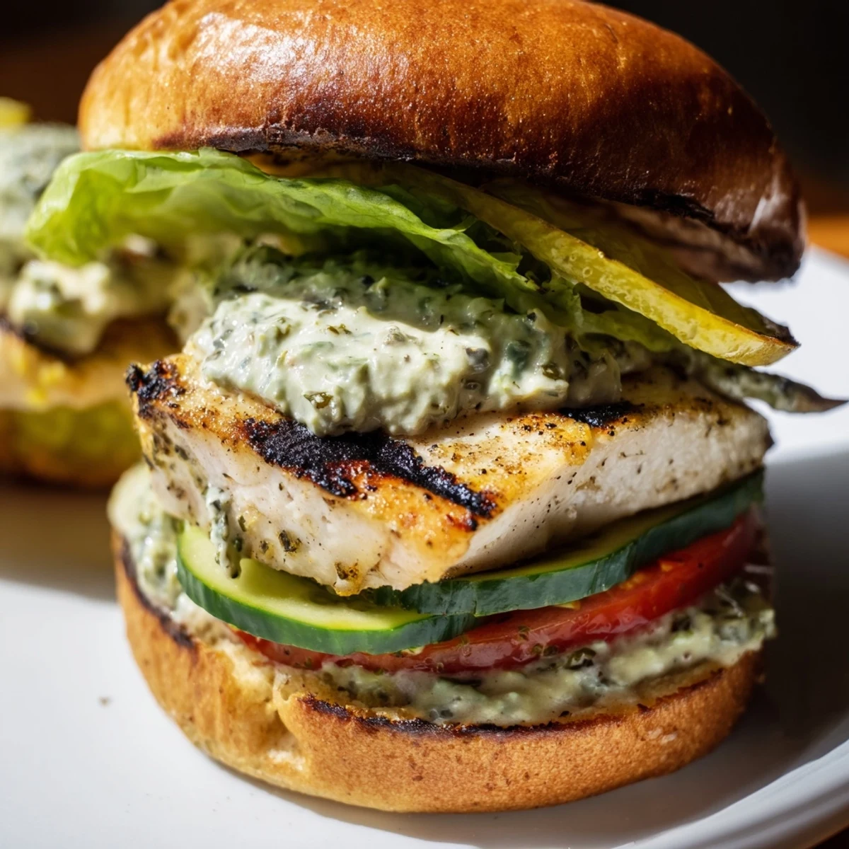 Grilled barramundi fillet on toasted brioche bun with smoky cos lettuce and charred lemon jalapeño tartare sauce.