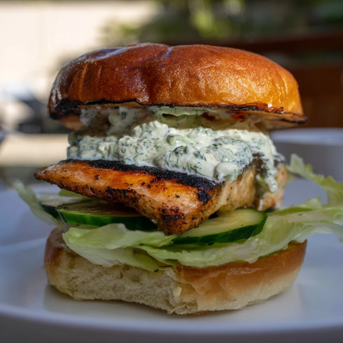 Freshly assembled Australian fusion burger featuring flaky fish, smoky greens, and zesty jalapeño tartare on a warm bun.