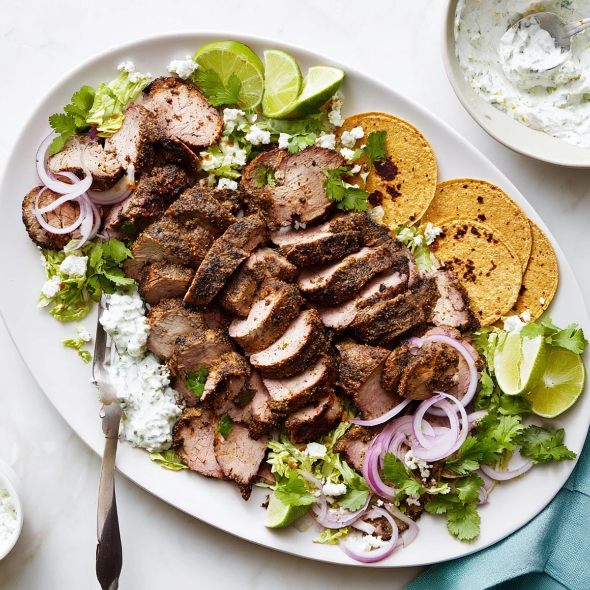 Juicy, cumin crusted leg of lamb is sliced and nestled into warm corn tortillas with fresh toppings and creamy sauce.