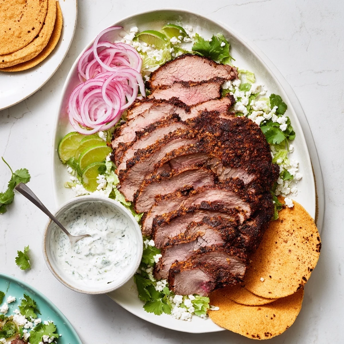 Fragrant cumin crusted leg of lamb rests alongside colorful taco fillings, ready to build with tangy yogurt-lime sauce.