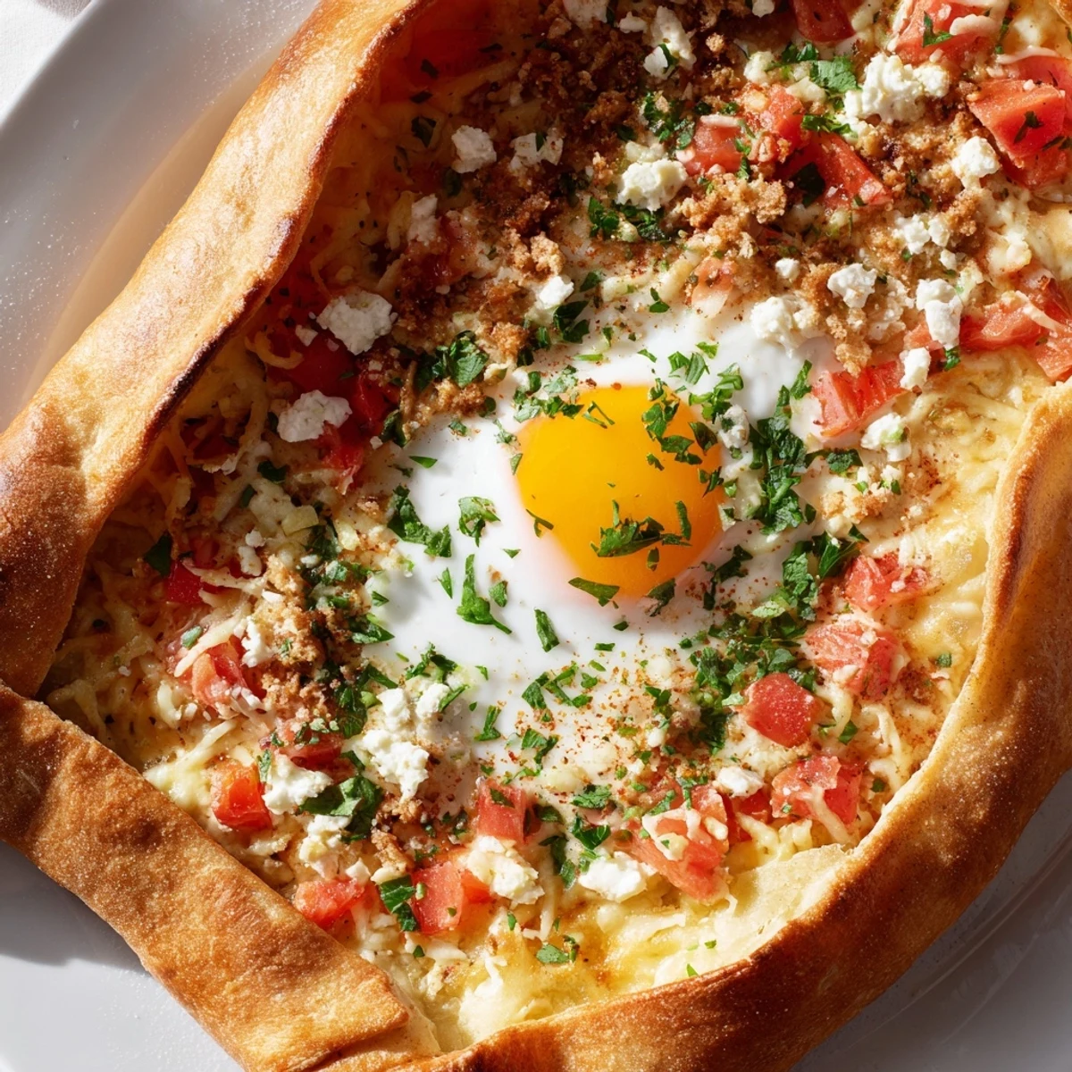 Freshly baked Turkish Pide with Egg, Tomato, and Cheese displays a golden, flaky crust and a runny yolk.