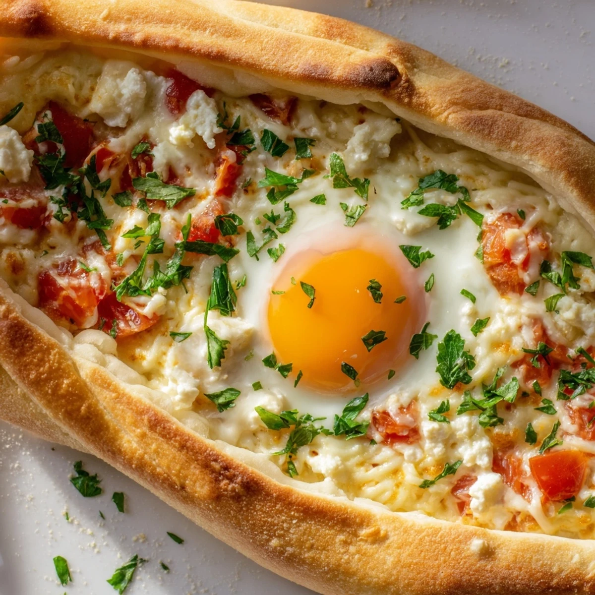 A close-up view of Turkish Pide with Egg, Tomato, and Cheese highlights melted feta and mozzarella.