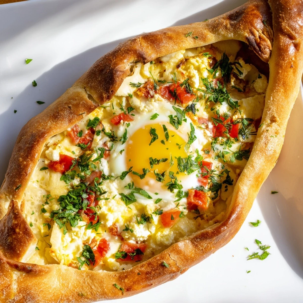 Turkish Pide with Egg, Tomato, and Cheese is served warm, garnished with fresh parsley and oregano.
