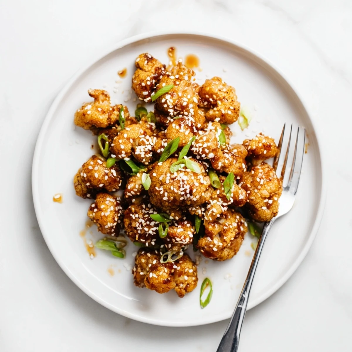 Golden crispy Sticky Honey Garlic Cauliflower florets glistening with glossy sauce and topped with sesame seeds.