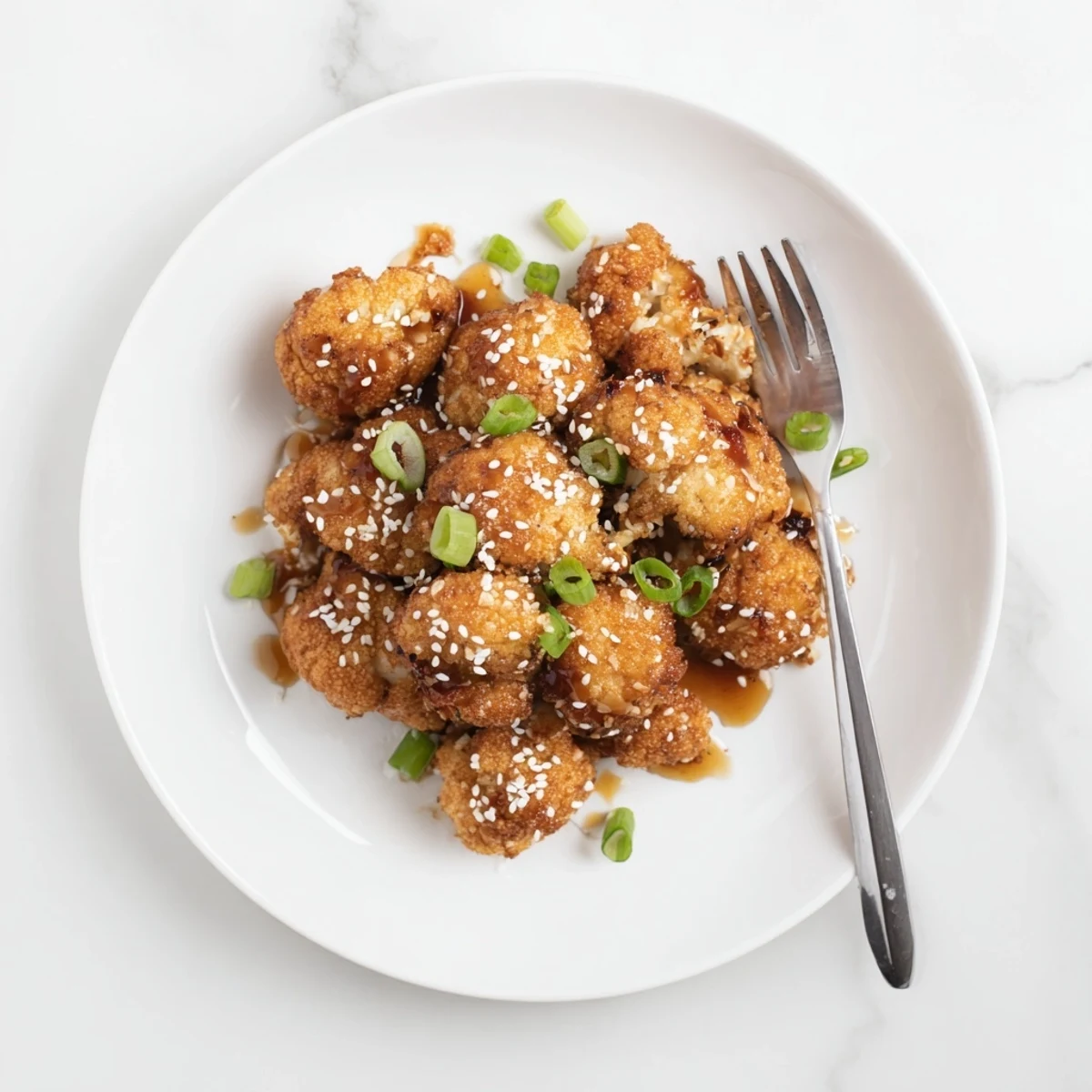 Freshly baked Sticky Honey Garlic Cauliflower served on a white plate with green onions scattered on top.