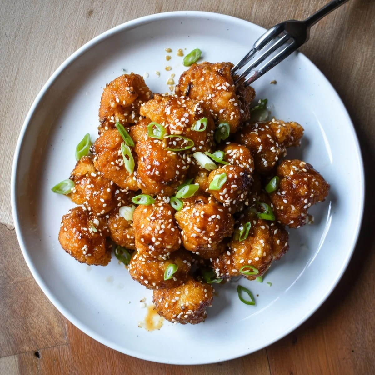 A close-up of Sticky Honey Garlic Cauliflower showing tender florets coated in sticky sweet and savory glaze.