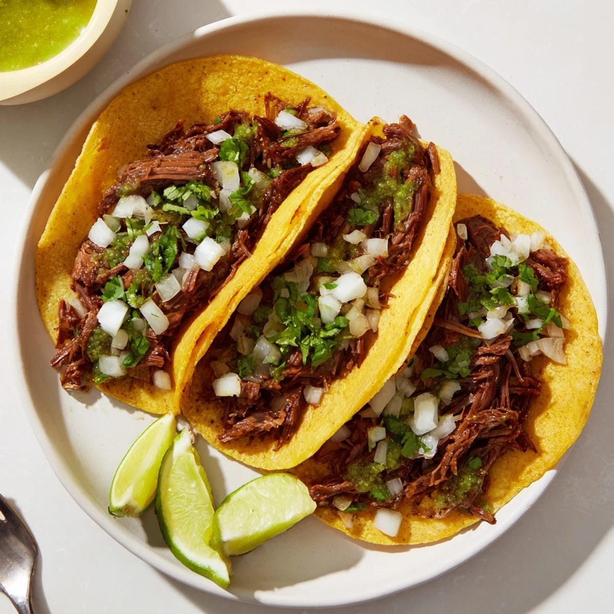 Tender slow-braised beef cheek tacos with cilantro and onions on warm corn tortillas.