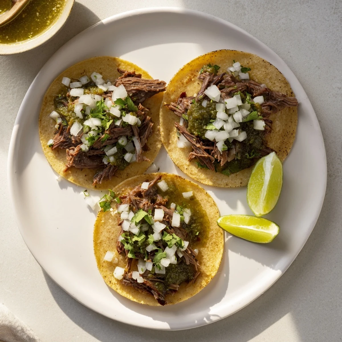 A close-up of shredded beef cheek tacos topped with salsa verde and lime wedges.