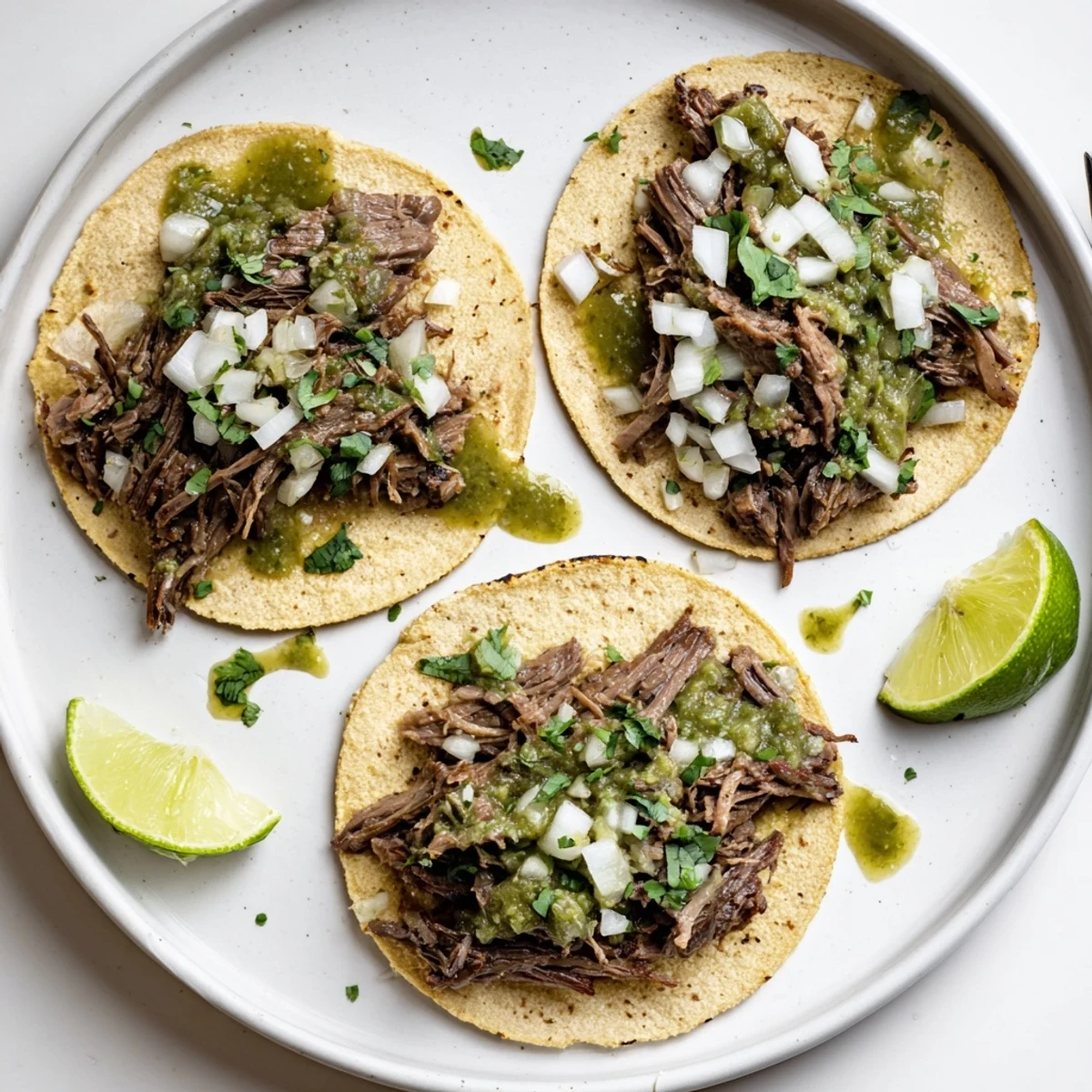 Street-style beef cheek tacos with warm corn tortillas and fresh garnishes on a rustic plate.