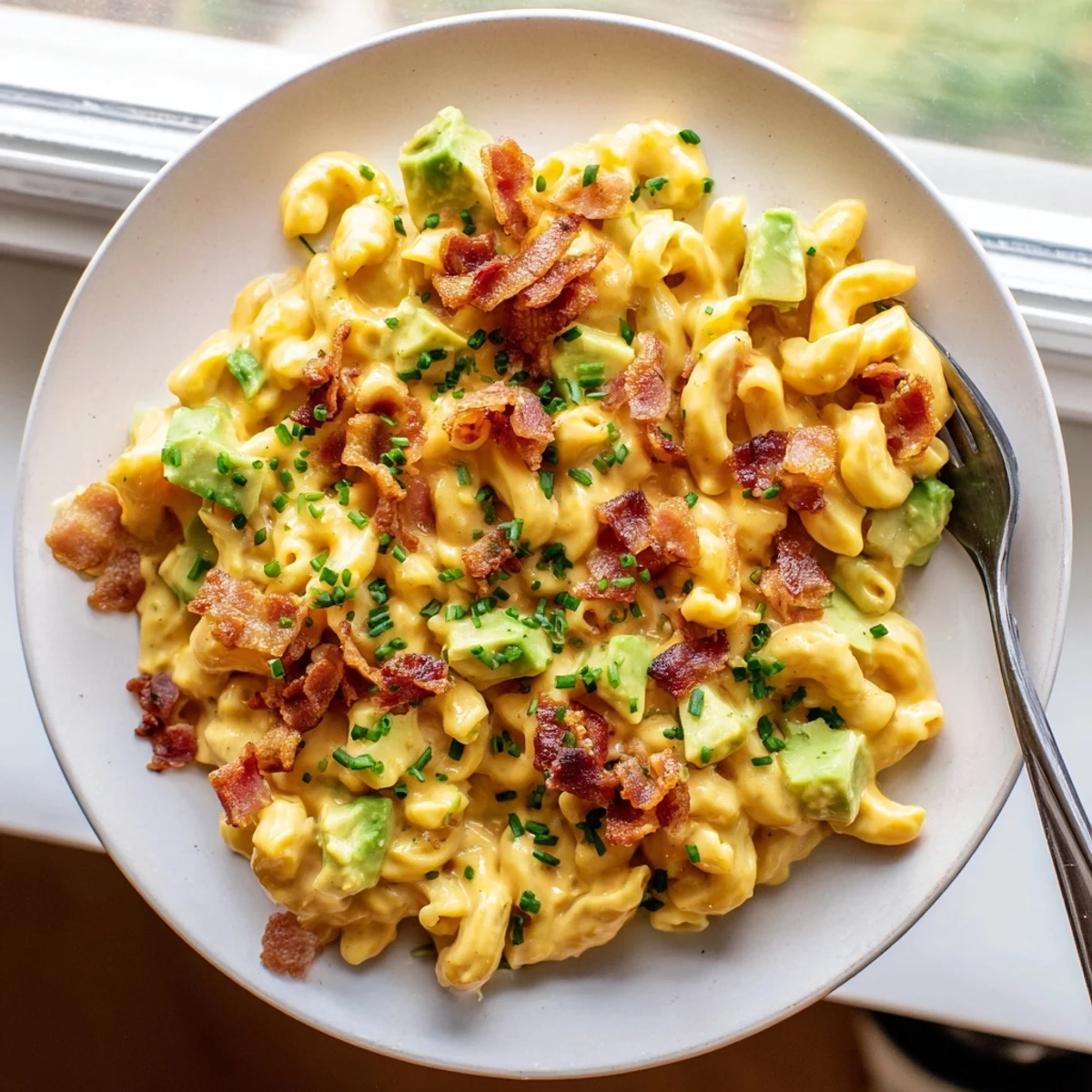 A close-up of Avocado and Bacon Mac and Cheese with creamy cheddar sauce coating elbow macaroni, topped with crispy bacon bits and fresh diced avocado. 