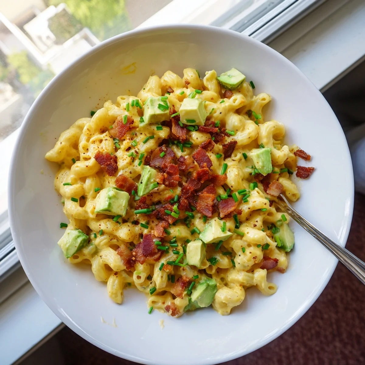 Steam rises from a warm bowl of Avocado and Bacon Mac and Cheese, garnished with chives, serving as a comforting American main dish. 