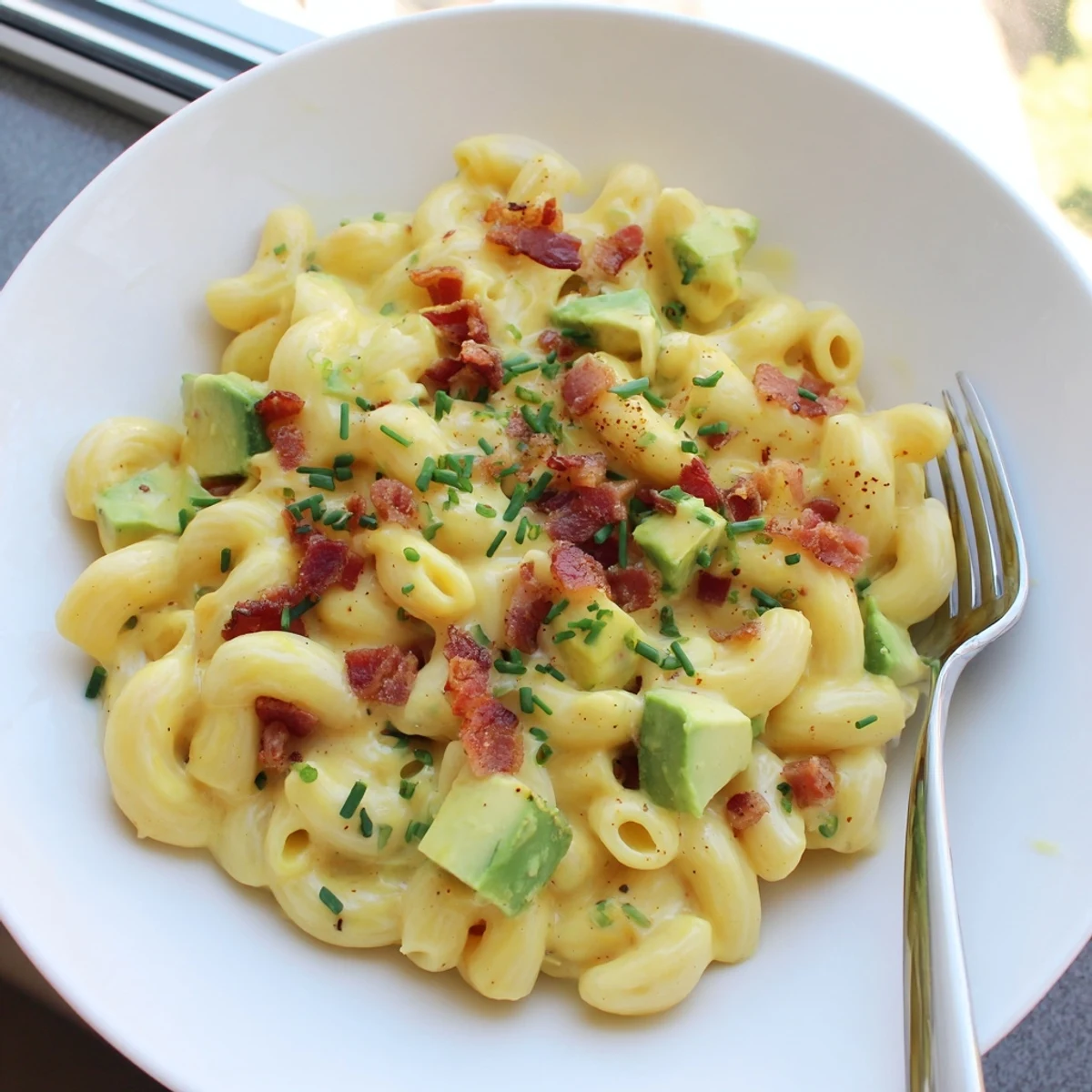 A fork lifts a cheesy bite of Avocado and Bacon Mac and Cheese, revealing chunks of green avocado and smoky bacon pieces.