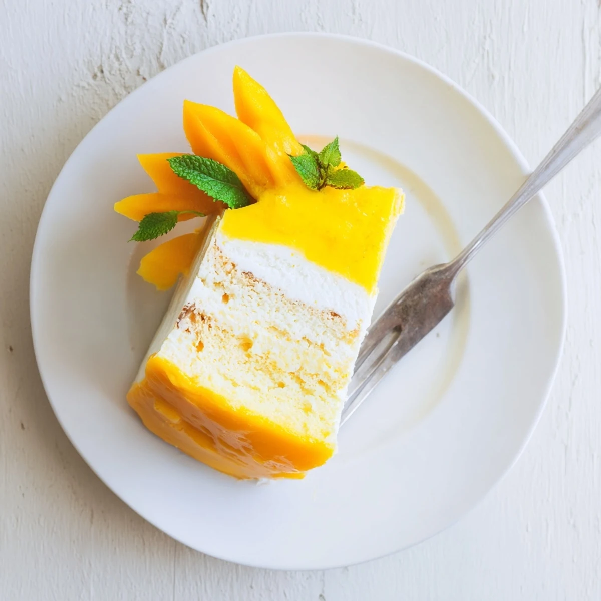 Golden mango mousse cake with glossy fruit glaze and fresh mango slices on top