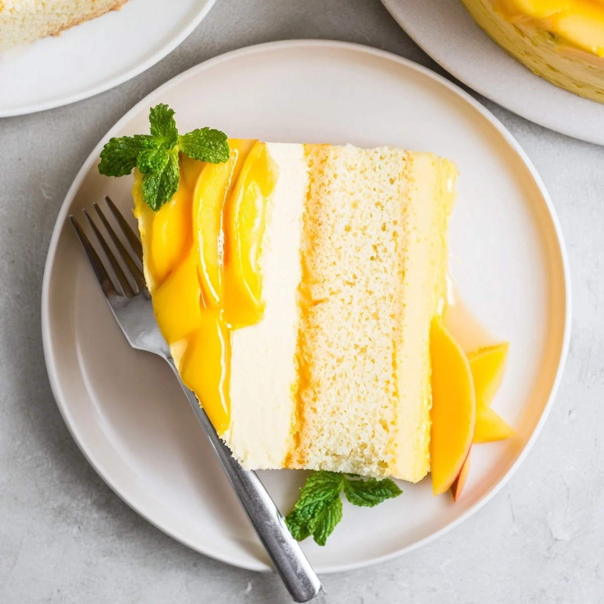 Fluffy mango mousse layered over tender sponge cake with shimmering mango topping