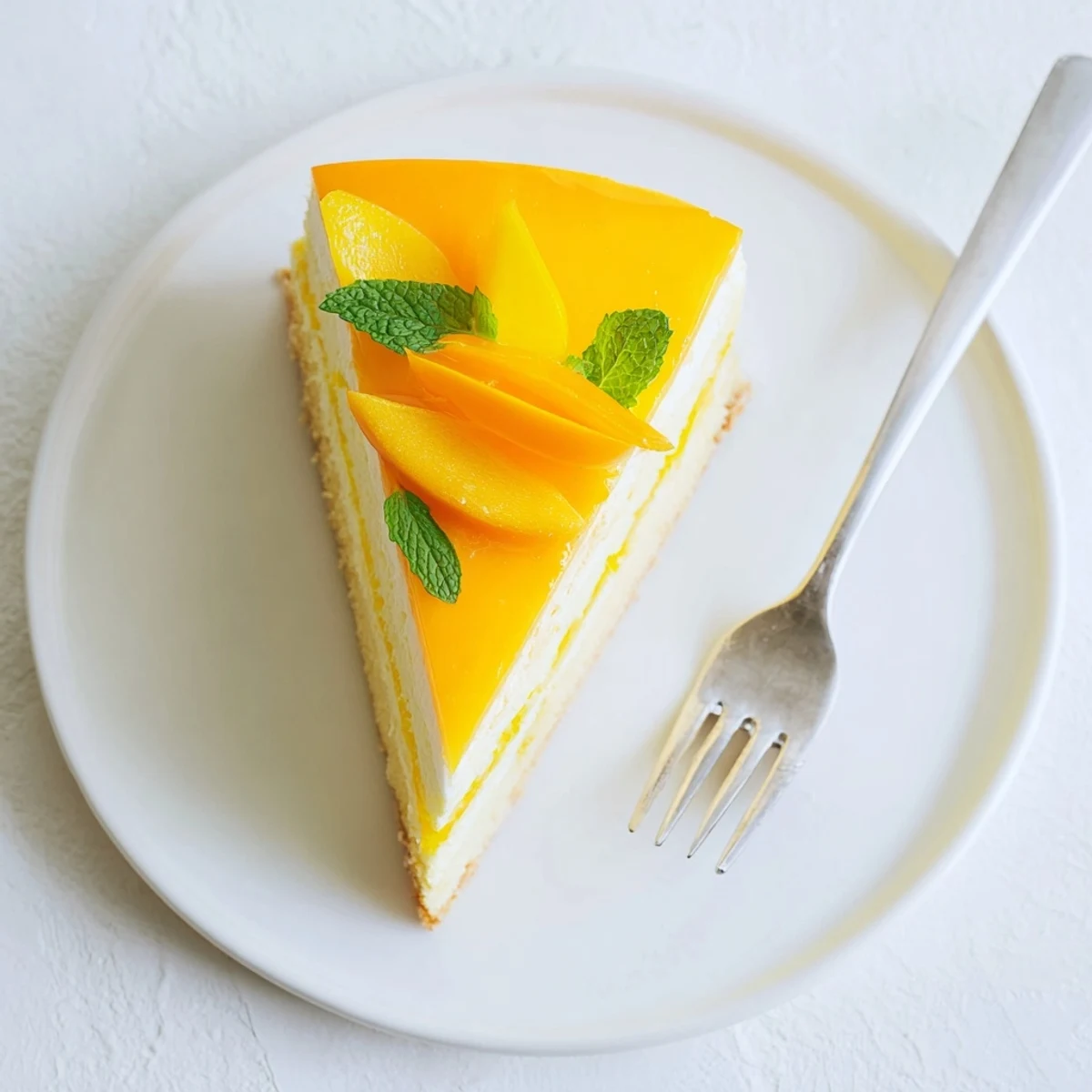 Slice of mango mousse cake showcasing creamy mousse, vanilla sponge, and glossy glaze