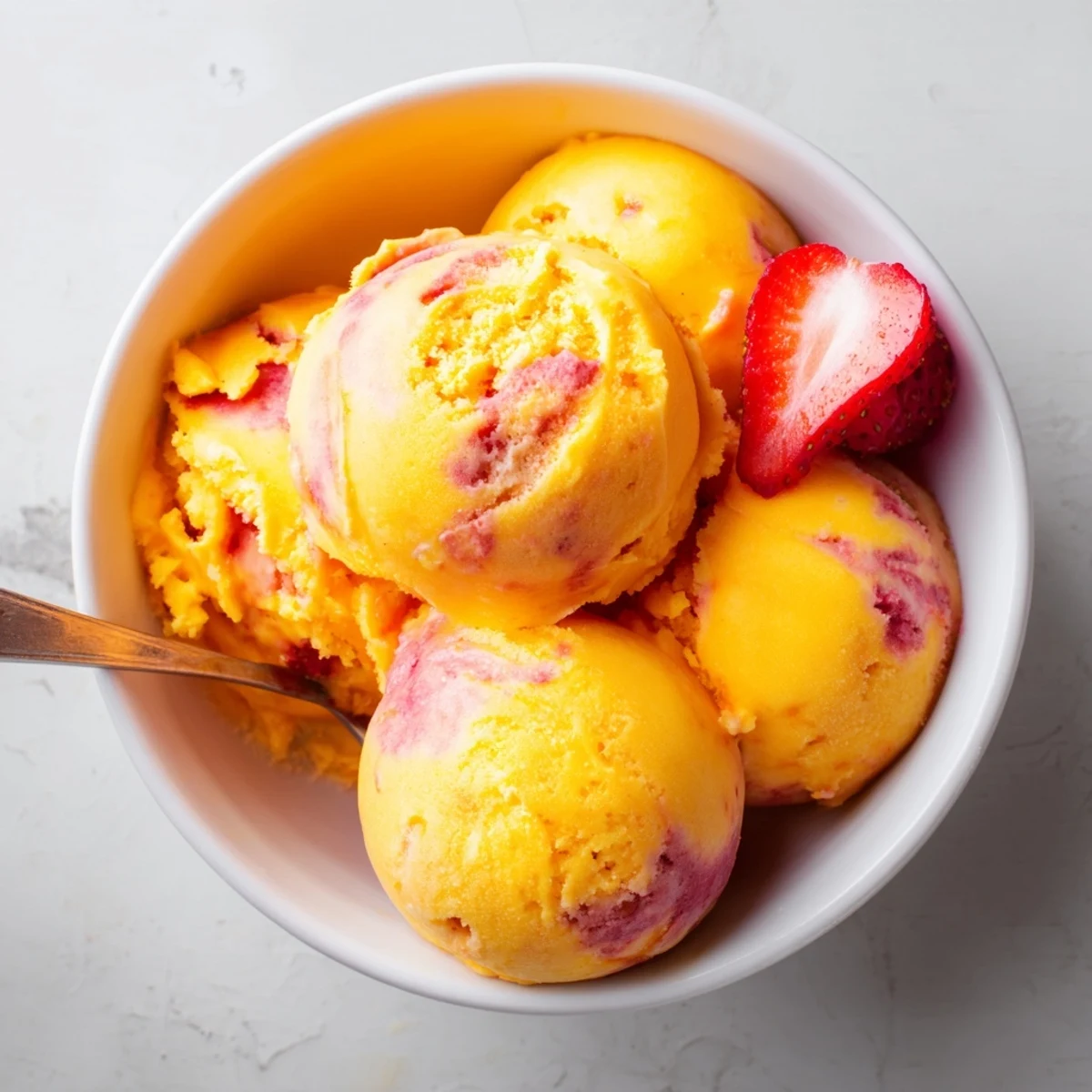 Smooth frozen mango strawberry sorbet melting slightly in white dessert bowl on wooden table