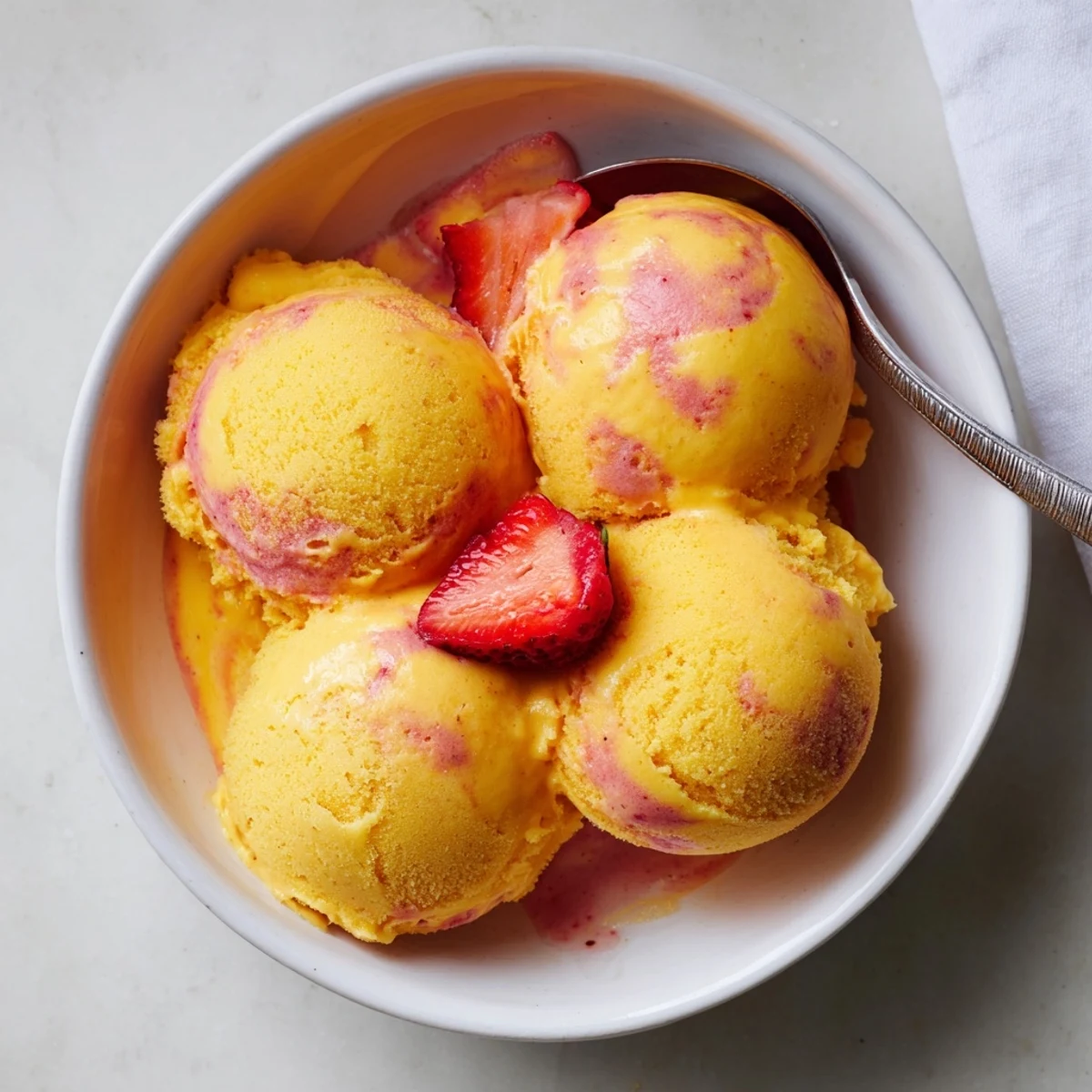 Vibrant mango strawberry sorbet scoop in a chilled bowl garnished with fresh mint leaves