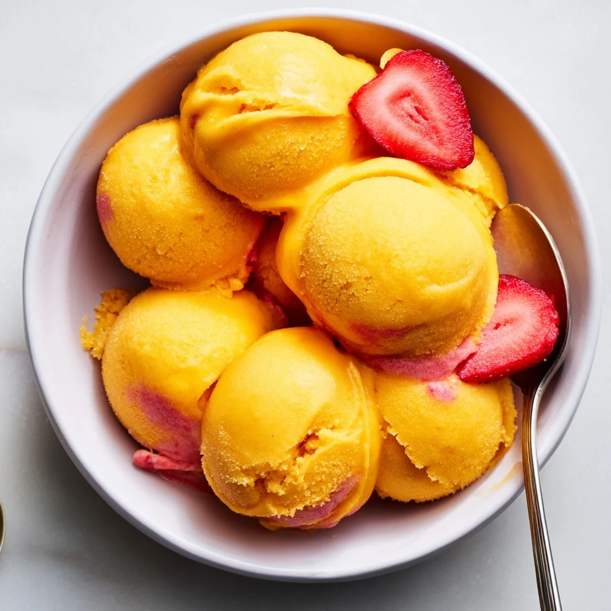 Bright orange and pink mango strawberry sorbet served with fresh strawberry wedges and lime wheel