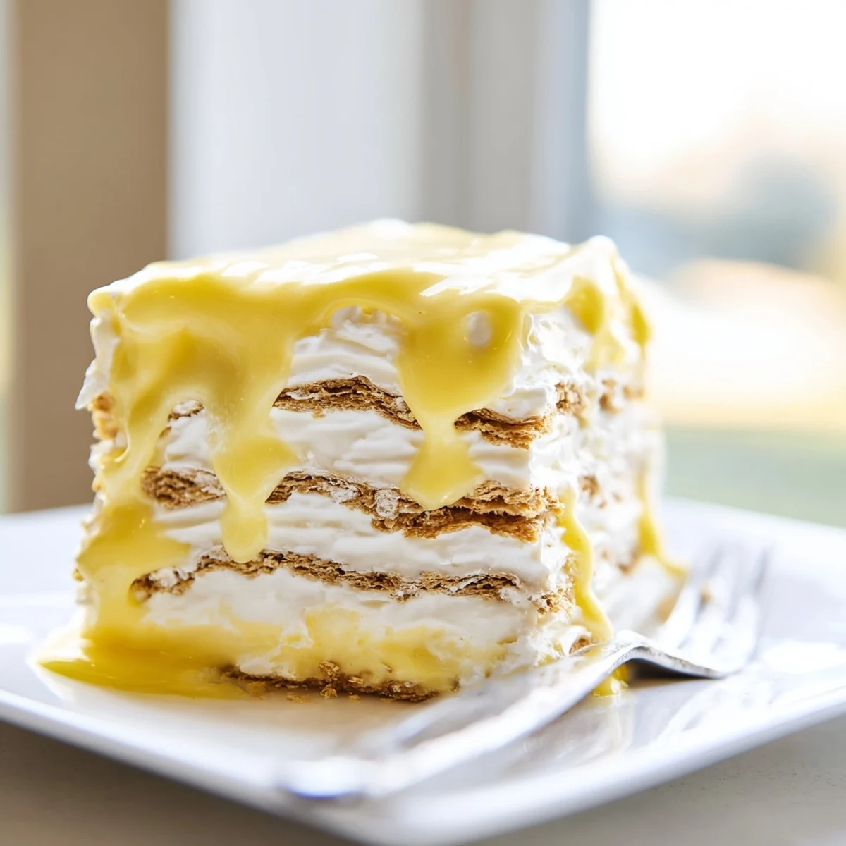 Golden no bake lemon eclair cake with layers of creamy lemon pudding and graham crackers