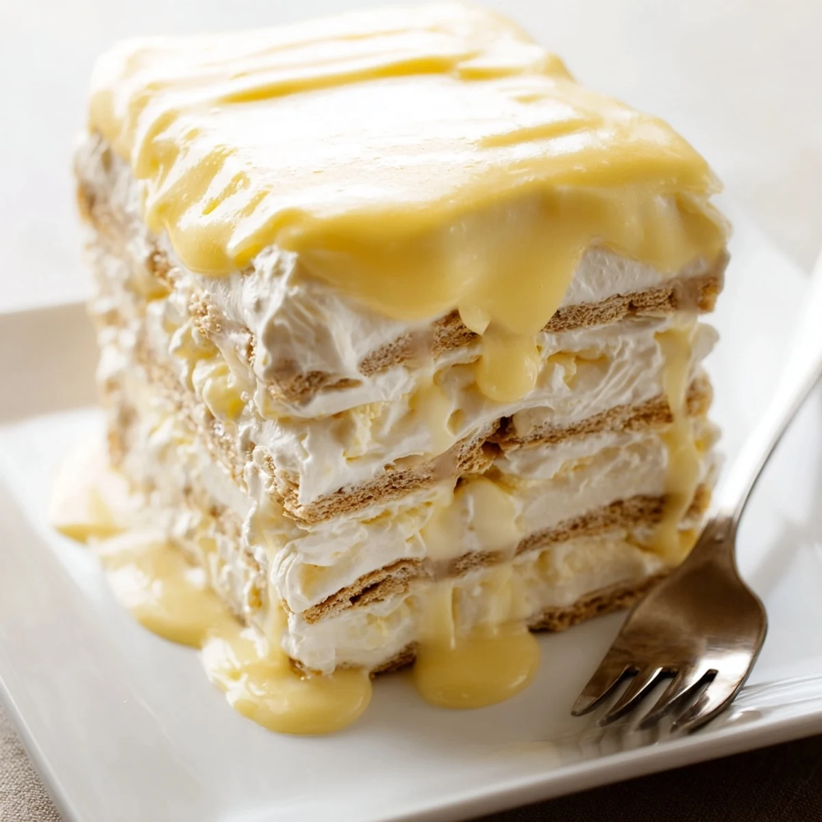 Sliced no bake lemon eclair cake topped with silky lemon glaze on white serving plate