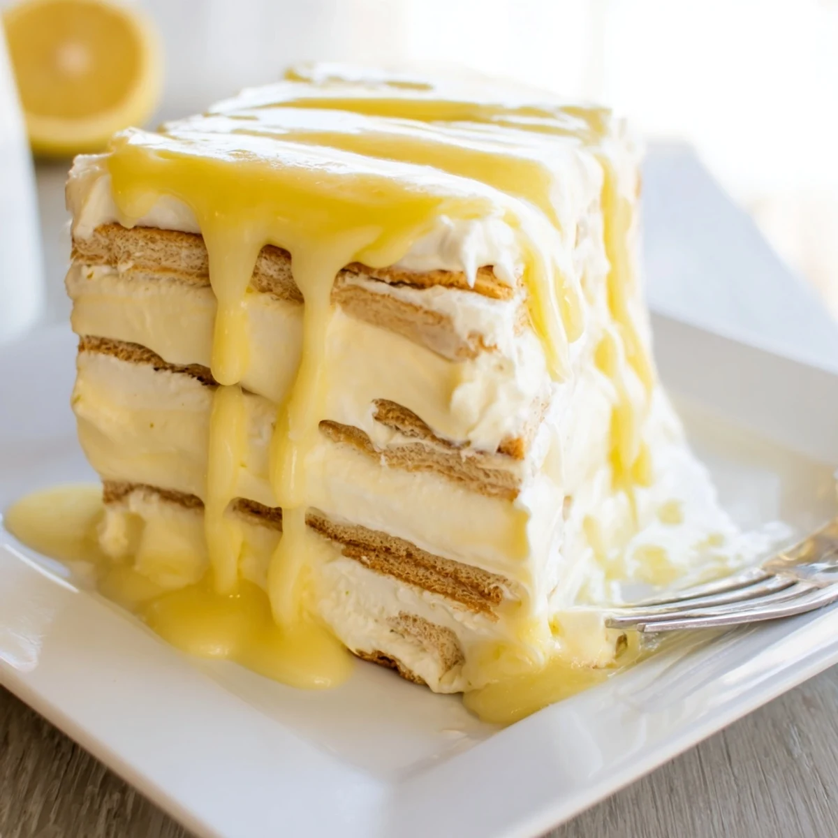Fresh no bake lemon eclair cake showing cross section of whipped lemon cream and crackers