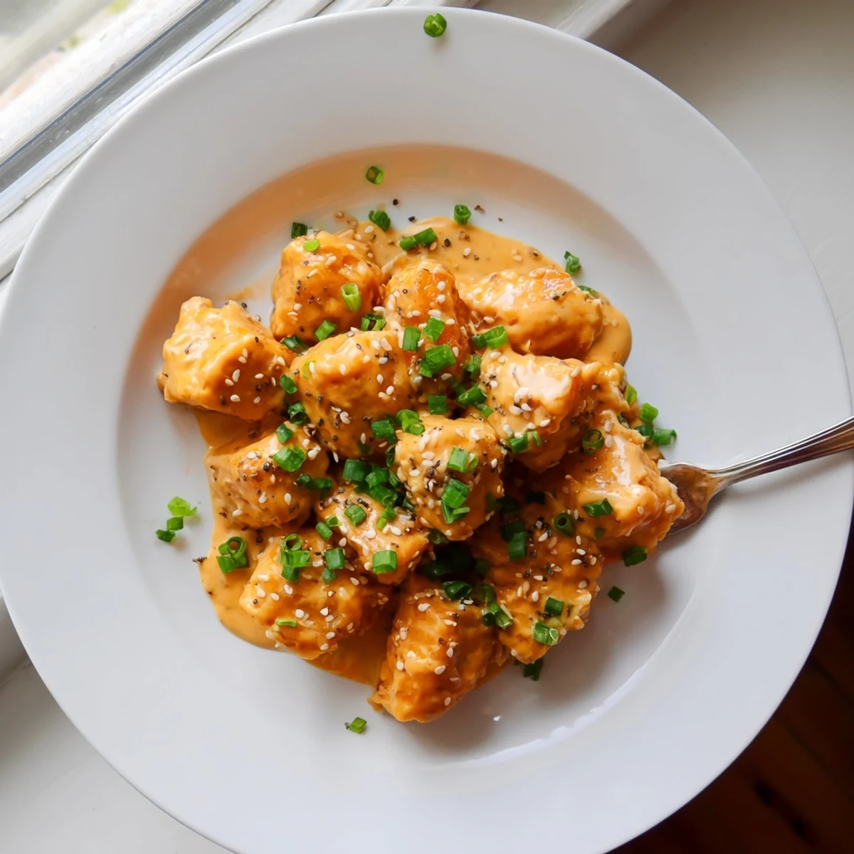Golden crispy Bang Bang Salmon Bites coated in creamy spicy red sauce with green onion garnish