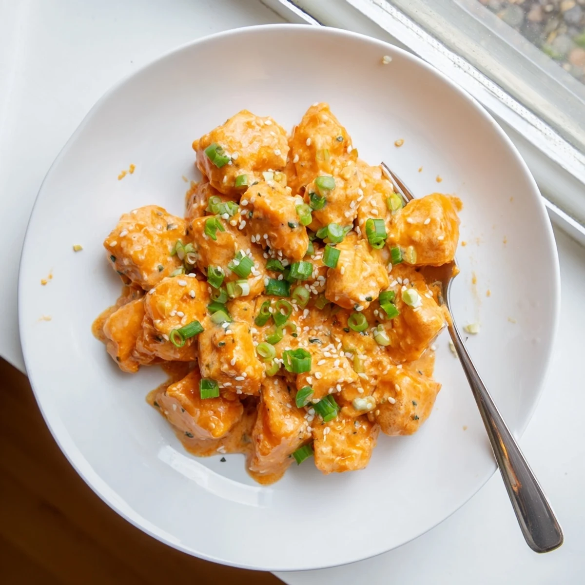 Fried salmon cubes drizzled with sweet chili Bang Bang sauce and sprinkled with fresh chives