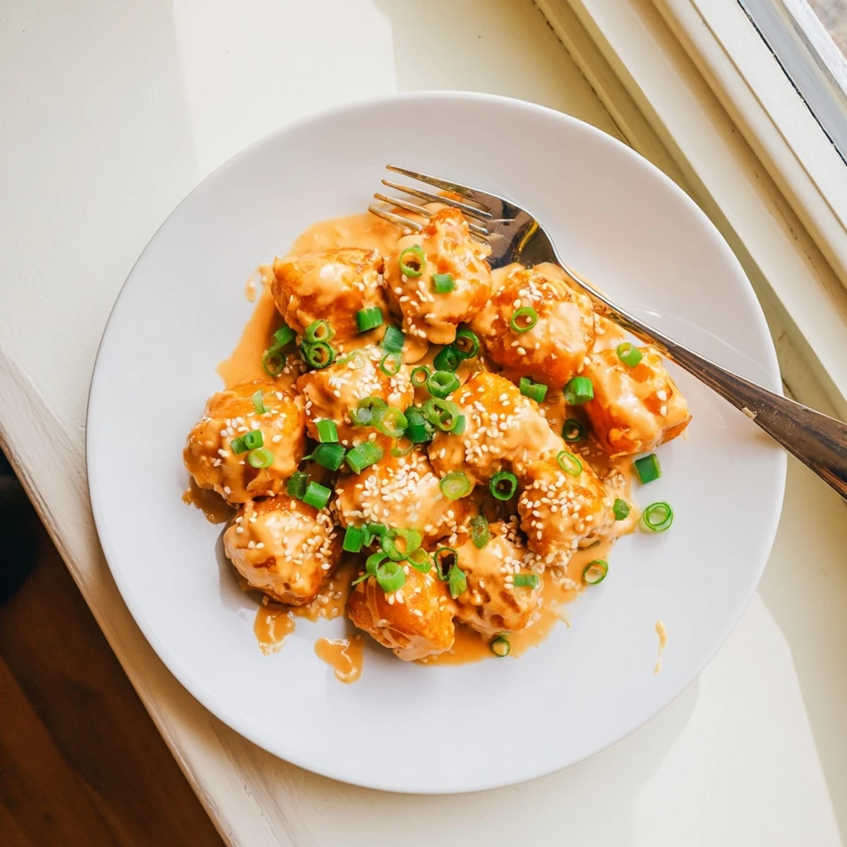 Plate of Bang Bang Salmon Bites glistening with spicy mayo sauce and toasted sesame seeds