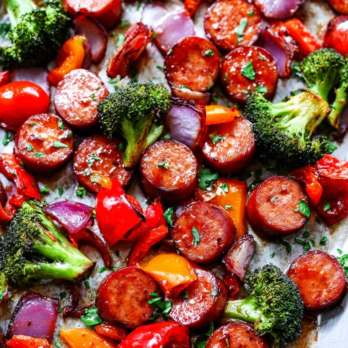 Sheet pan dinner featuring roasted kielbasa and colorful vegetables coated in sticky honey garlic glaze