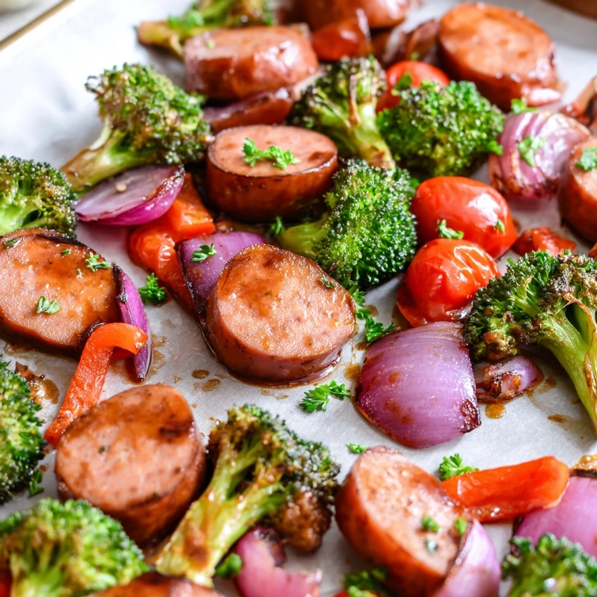 Easy one pan honey garlic kielbasa with caramelized broccoli peppers and onions on baking sheet
