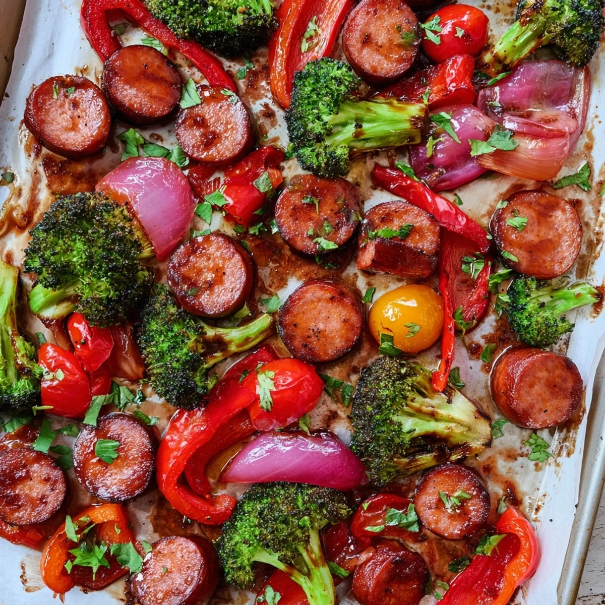 Family friendly honey garlic kielbasa recipe with tender roasted vegetables on single sheet pan